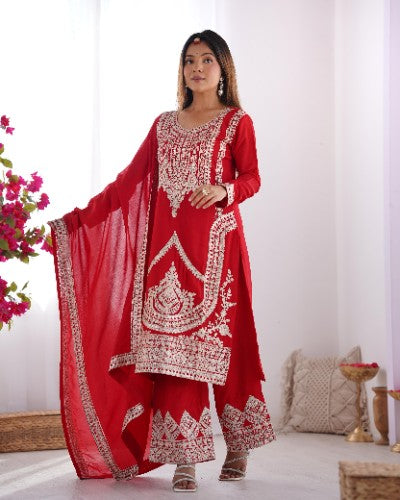 Embroidered Vichitra Silk Kurti Suit with Dupatta