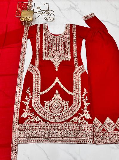 Embroidered Vichitra Silk Kurti Suit with Dupatta
