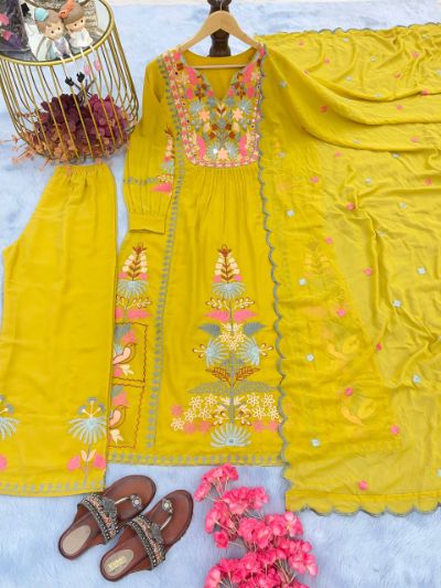 Ready To Wear Embroidered Georgette Top Plazzo & Dupatta Set