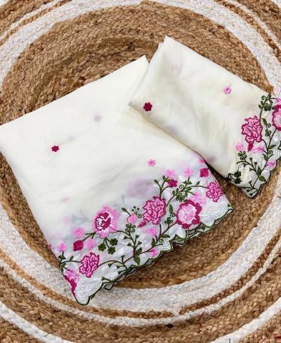 Tusser Silk Fabric with Embroidery