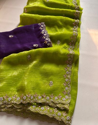 Crunchy Chiffon Crush Silk Embroidery Saree