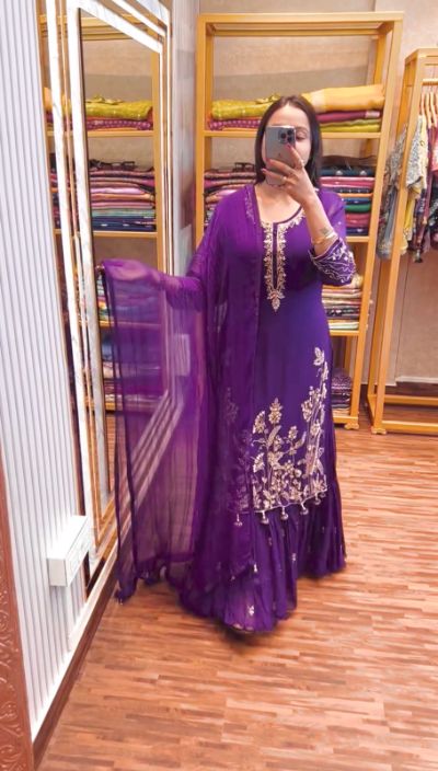 Embroidery Sequence Georgette Gown Kurti with Dupatta