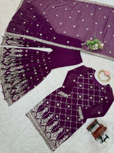 Georgette Thread and Sequence Work Plazo Suit with Dupatta