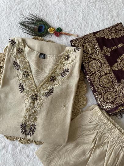 Premium Cream Roman Silk Suit with Muslin Jecard Dupatta