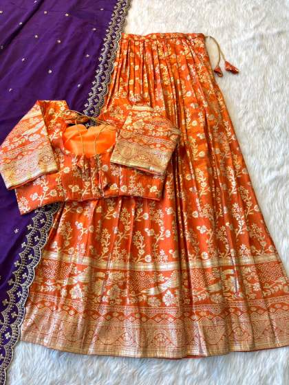 Stitched Tissue Silk Lehenga with Embroidered Blouse and Chinnon Silk Dupatta