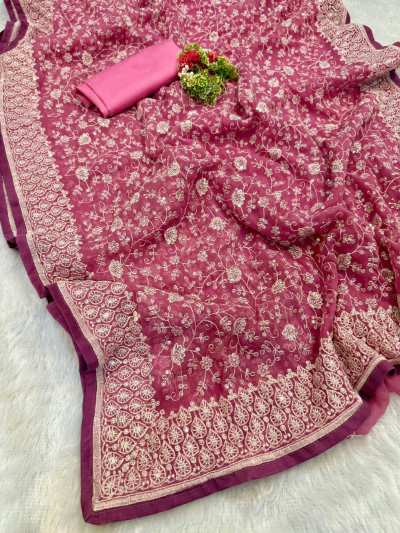 Shimmer Silk Chikankari Saree with Pastel Colors