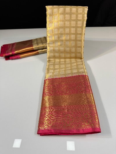 Soft Banarasi Mulberry Silk Saree with Checks and Kanchi Border