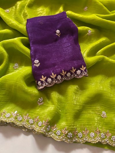 Crunchy Chiffon Crush Silk Embroidery Saree