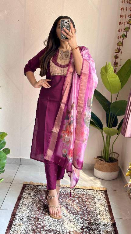 Roman Silk Kurti with Embroidery, Pant, and Organza Dupatta Set