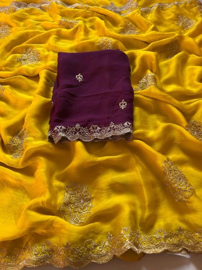 Crunchy Chiffon Crush Silk Embroidery Saree