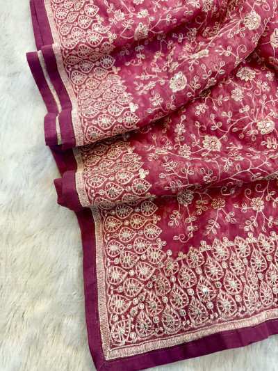Shimmer Silk Chikankari Saree with Pastel Colors