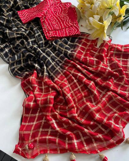 Natural Viscose Zari Chex Shibori Dyeing Saree with Tassels