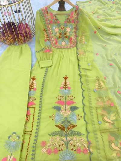 Ready To Wear Embroidered Georgette Top Plazzo & Dupatta Set