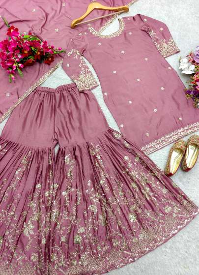 Chinnon Silk Embroidered Sharara Suit