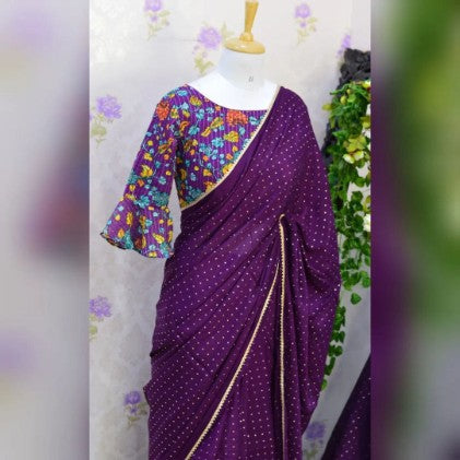 Beautiful Chinon saree with stitched blouse