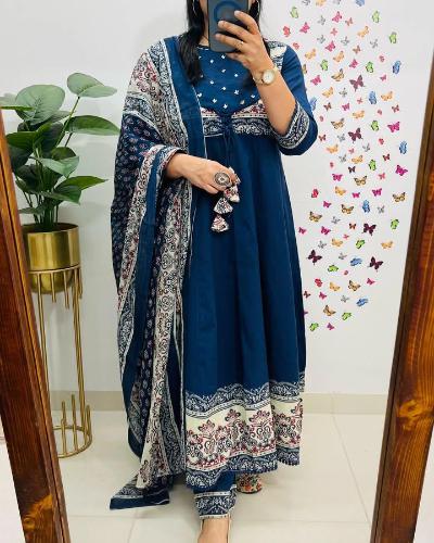Elegant Printed Cotton Anarkali Kurta Set