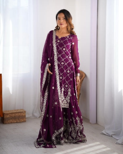 Georgette Thread and Sequence Work Plazo Suit with Dupatta