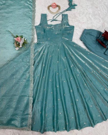 Eid Special Fandy Silk Gown with Micro Cotton Pant and Sequence Dupatta