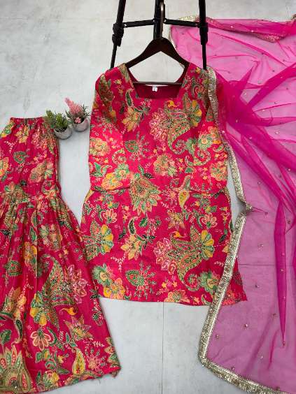 Chinnon Print Suit with Sharara and Sequence Embroidery Dupatta
