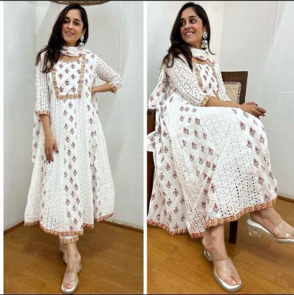 Premium Cotton Anarkali Chikankari Kurti with Lace Pant and Printed Dupatta