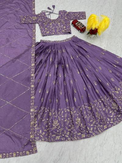 Luxurious Lavender Chinon Lehenga Choli Set