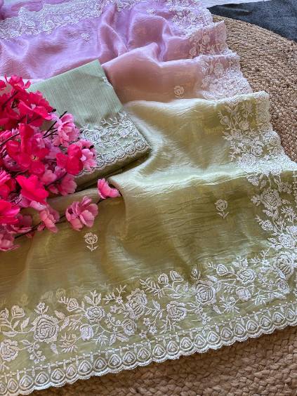 Pure Banarasi Gold Crush Silk Saree with Embroidery