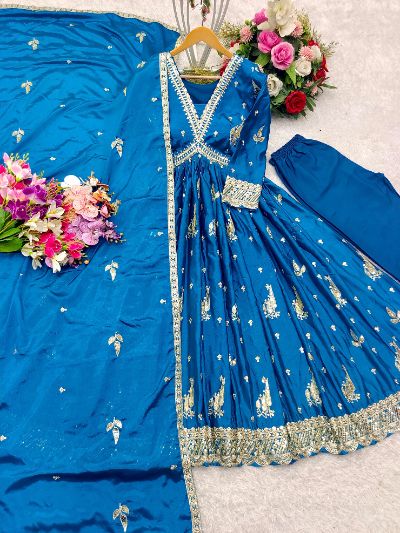 Embroidered Chinnon Silk Gown with Pant and Dupatta