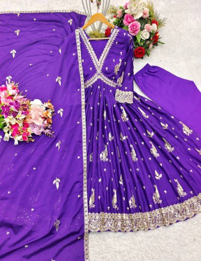 Embroidered Chinnon Silk Gown with Pant and Dupatta