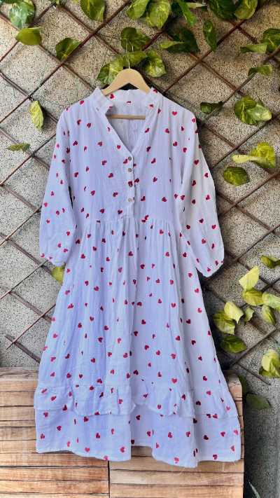Hearts Printed Mulmul Cotton Long Dress