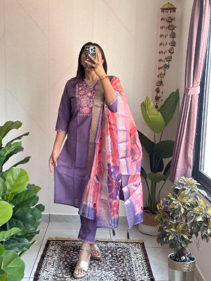 Roman Silk Kurti with Embroidery, Pant, and Organza Dupatta