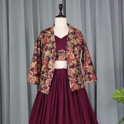 Georgette Lehenga, Blouse, and Chanderi Koti Set