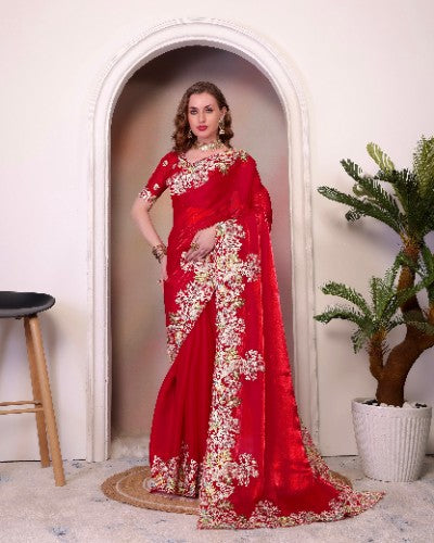 Pure Soft Jimmi Choo Embroidery Saree with Unstitched Blouse
