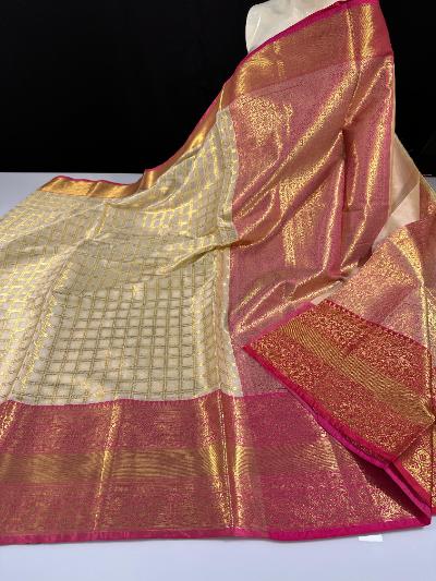 Soft Banarasi Mulberry Silk Saree with Checks and Kanchi Border