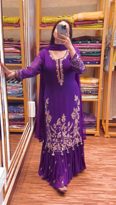 Embroidery Sequence Georgette Gown Kurti with Dupatta