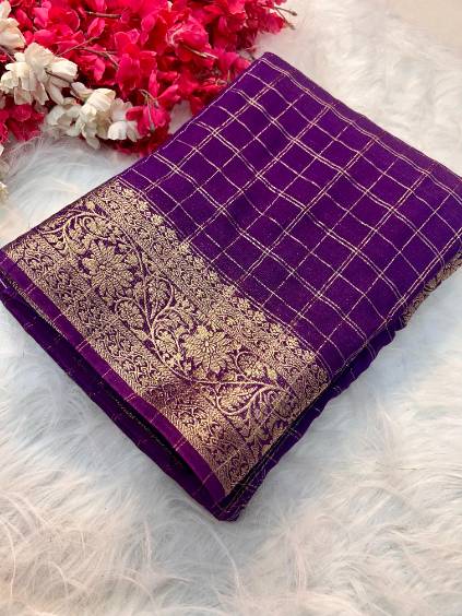 Viscose Chinon Weaving Checks Pattern Saree
