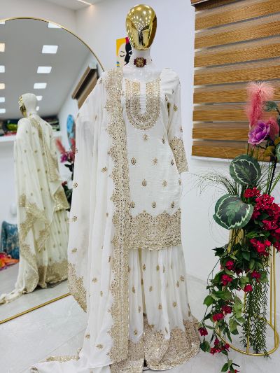 Vichitra Silk Embroidered Sharara Suit with Dupatta