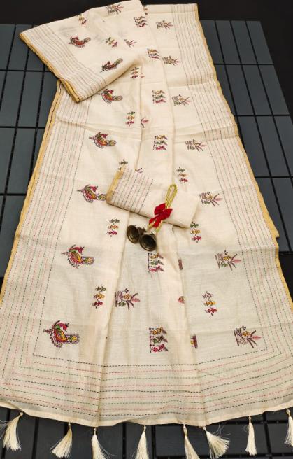 Premium Khadi Tussar Silk Saree with Thread Work and Kantha Stitch Border