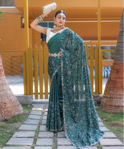 Green Soft Silk Saree with Floral Design and Cutwork Border