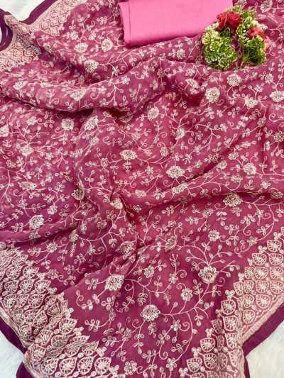 Shimmer Silk Chikankari Saree with Pastel Colors