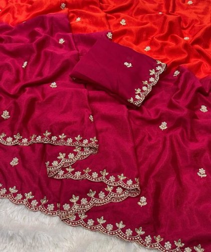 Double Shade Chinnon Embroidery Saree with Moti Work