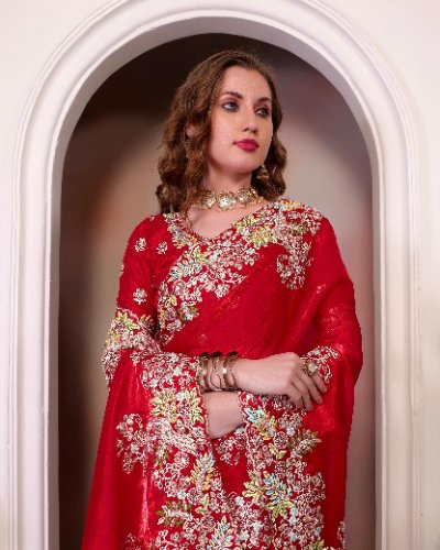 Pure Soft Jimmi Choo Embroidery Saree with Unstitched Blouse
