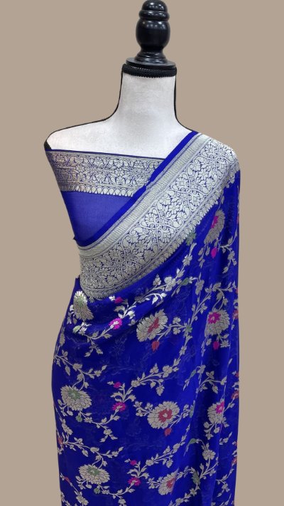 Royal Blue Banarasi Semi Georgette Mina Jaal Saree