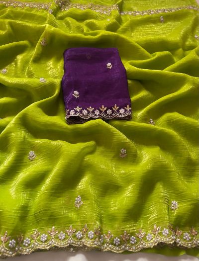 Crunchy Chiffon Crush Silk Embroidery Saree
