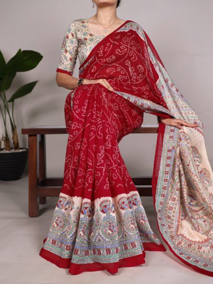 Green Silk Saree with Madhubani and Bandhej Print