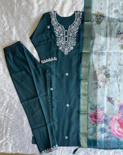 Designer Kurti Pant Dupatta Set - Teal Blue