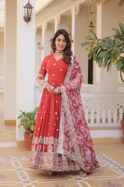 Elegant Embroidered Faux Georgette Gown and Dupatta Set