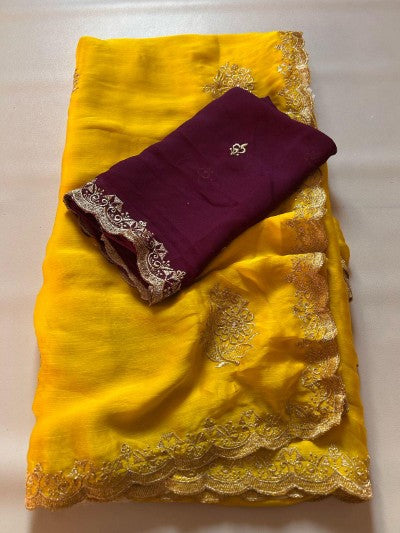 Crunchy Chiffon Crush Silk Embroidery Saree