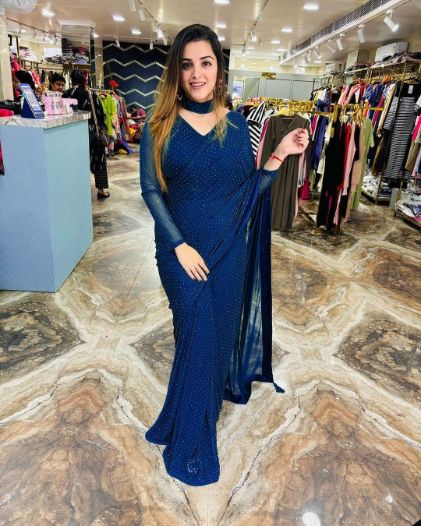 Faux Georgette Swarovski Work Saree with Stitched Blouse