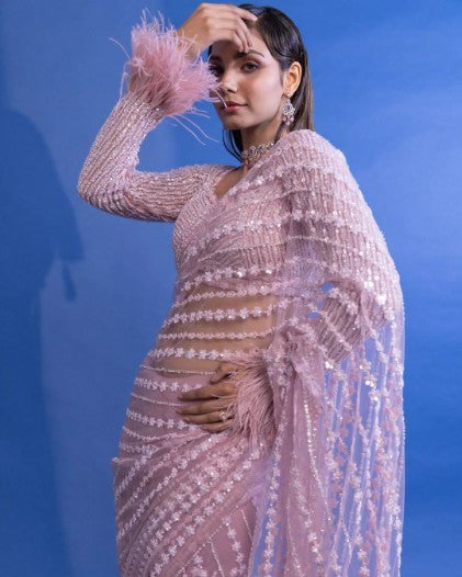 Soft Net Sequins Embroidery Saree